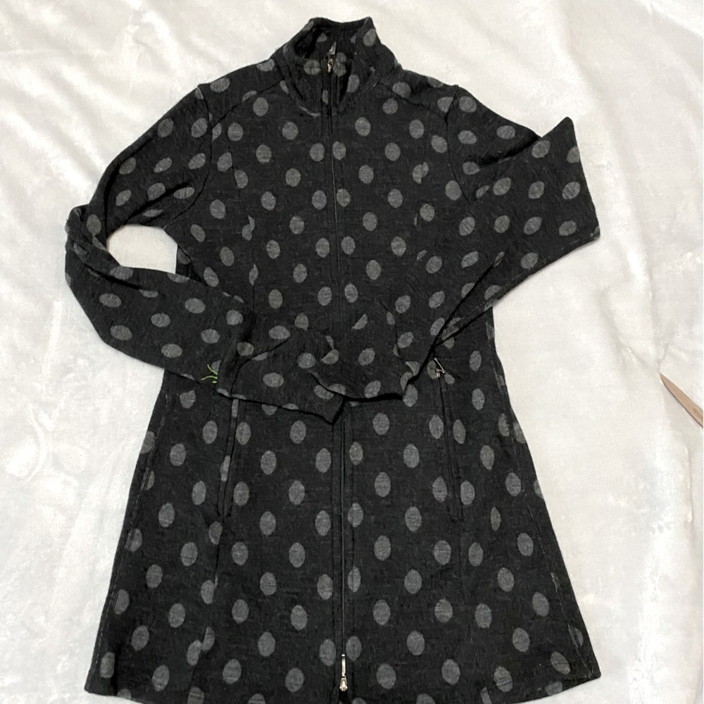 Ibex women’s Zque certified merino wool full zip polka dots sweater